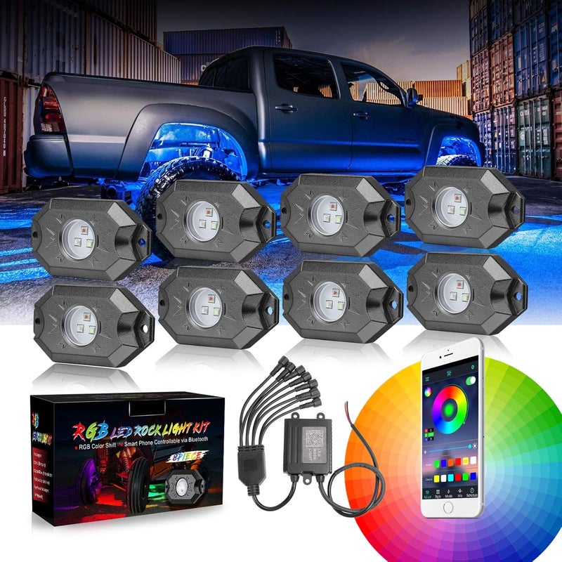 Niking Auto مجموعات أضواء الصخور RGB، تحتوي على 8 وحدات من أضواء LED بتقنية الإضاءة الخلفية RGB، مع جهاز تحكم عبر البلوتوث وإضاءة متعددة الألوان، مناسبة للشاحنات والمركبات غير الرسمية والدراجات النارية والقوارب. - Image 1