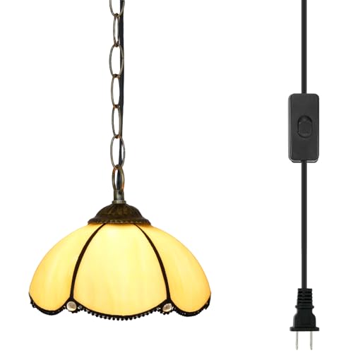 Blivuself Tiffany Pendant Hanging Light Plug in Light Fixture Vintage Yellow Stained Glass Hanging Lamp for Home Decor Dining Living Room Study Hallway Kitchen Island - Image 1