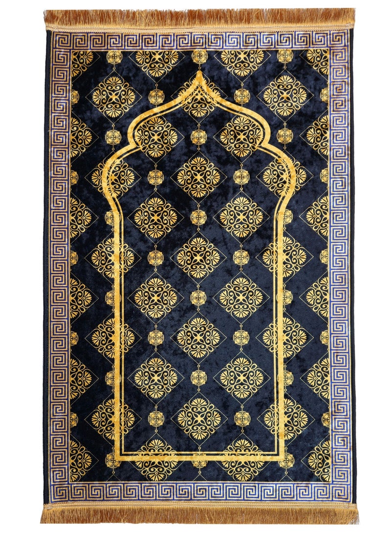 فابينني سجادة صلاة فاخرة 70×110 سم، سجادة إسلامية مخملية مطبوعة بقاعدة مانعة للانزلاق وشرابات لامعة، خفيفة الوزن وقابلة للحمل، هدية لرمضان والعيد والحج والعمرة، لون أسود/ذهبي - Image 1