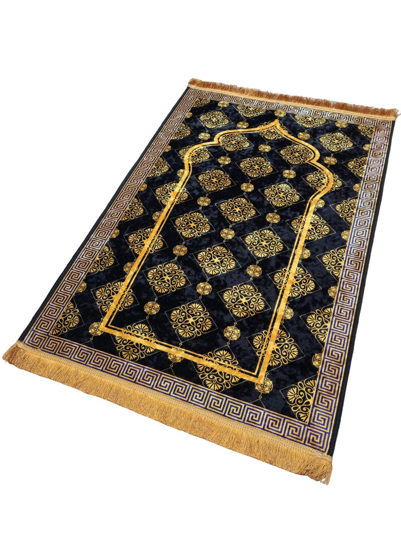 فابينني سجادة صلاة فاخرة 70×110 سم، سجادة إسلامية مخملية مطبوعة بقاعدة مانعة للانزلاق وشرابات لامعة، خفيفة الوزن وقابلة للحمل، هدية لرمضان والعيد والحج والعمرة، لون أسود/ذهبي - Image 2