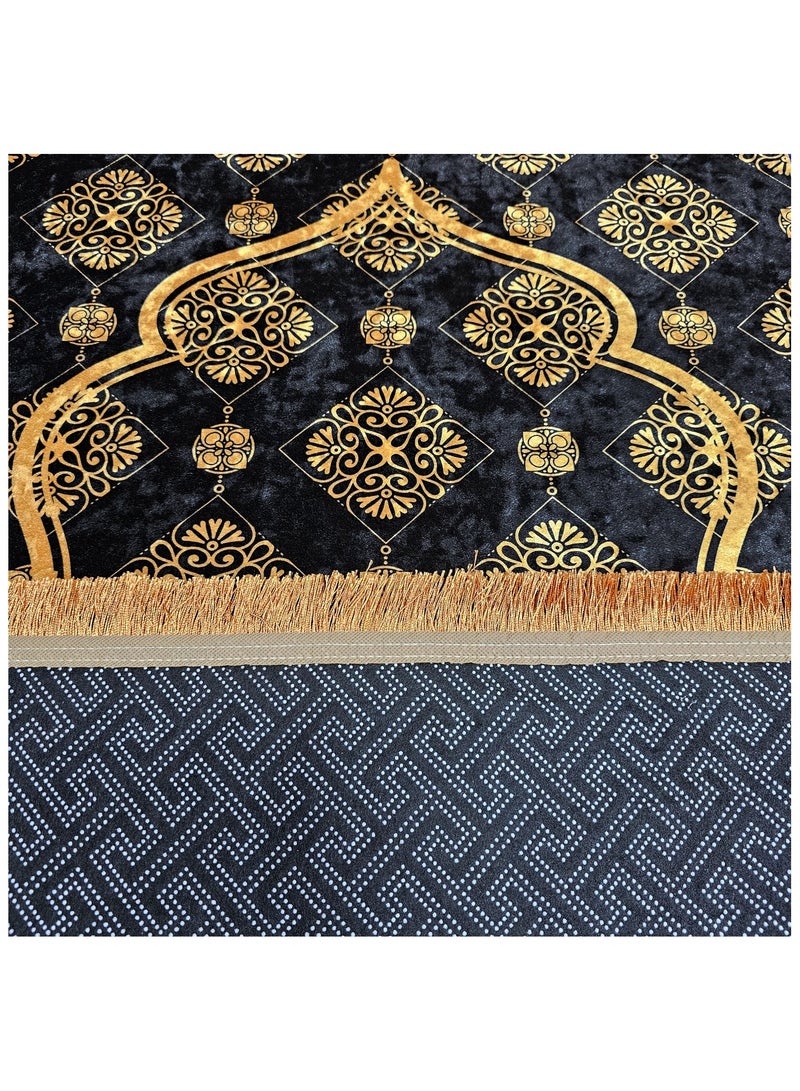 فابينني سجادة صلاة فاخرة 70×110 سم، سجادة إسلامية مخملية مطبوعة بقاعدة مانعة للانزلاق وشرابات لامعة، خفيفة الوزن وقابلة للحمل، هدية لرمضان والعيد والحج والعمرة، لون أسود/ذهبي - Image 4