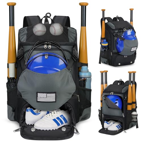RAINSMORE Baseball Backpack, Lightweight Softball Bag with Shoe Compartment Baseball Bag for Youth & Adult Softball Bat Bag with Fence Hook Helmet Holder Sports Backpack for T-Ball Gear, Grey Splice - Image 1