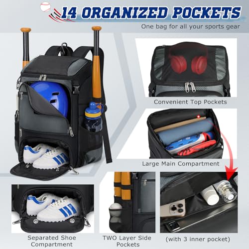 RAINSMORE Baseball Backpack, Lightweight Softball Bag with Shoe Compartment Baseball Bag for Youth & Adult Softball Bat Bag with Fence Hook Helmet Holder Sports Backpack for T-Ball Gear, Grey Splice - Image 3