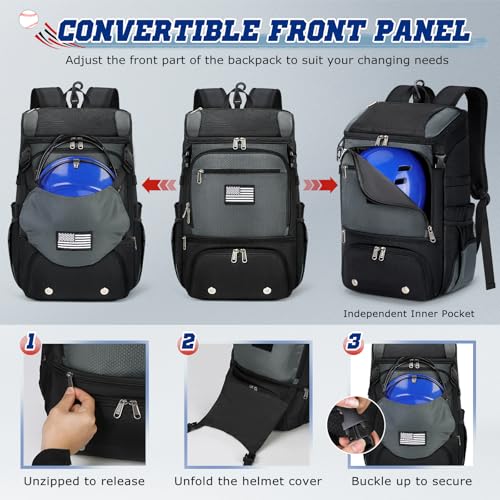 RAINSMORE Baseball Backpack, Lightweight Softball Bag with Shoe Compartment Baseball Bag for Youth & Adult Softball Bat Bag with Fence Hook Helmet Holder Sports Backpack for T-Ball Gear, Grey Splice - Image 2