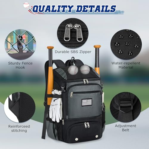 RAINSMORE Baseball Backpack, Lightweight Softball Bag with Shoe Compartment Baseball Bag for Youth & Adult Softball Bat Bag with Fence Hook Helmet Holder Sports Backpack for T-Ball Gear, Grey Splice - Image 5