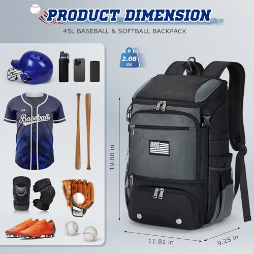 RAINSMORE Baseball Backpack, Lightweight Softball Bag with Shoe Compartment Baseball Bag for Youth & Adult Softball Bat Bag with Fence Hook Helmet Holder Sports Backpack for T-Ball Gear, Grey Splice - Image 4