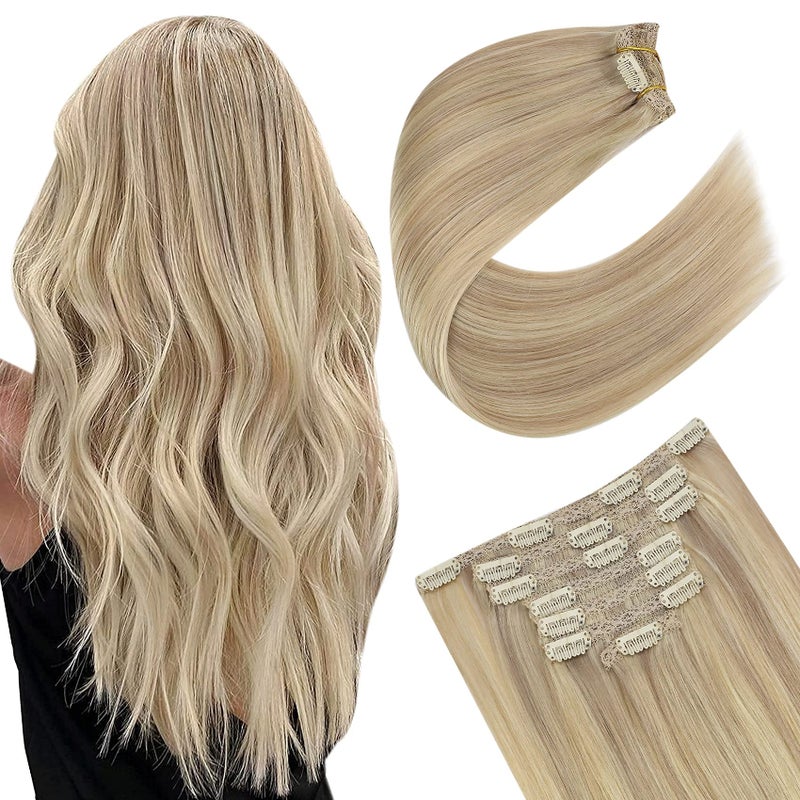 Ugeat Clip in Human Hair Extensions Highlights Ash Blonde Human Hair Clip in Extensions with Bleach Blonde Highlights Double Weft Add Volume and Length 18 Inch 120G 7Pcs