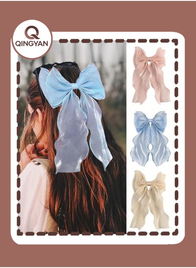 QINGYAN 3-Piece Gauze Cute and Beautiful Bow Hair Accessories for Women Girls (Blue + Pink + Apricot) - Image 1