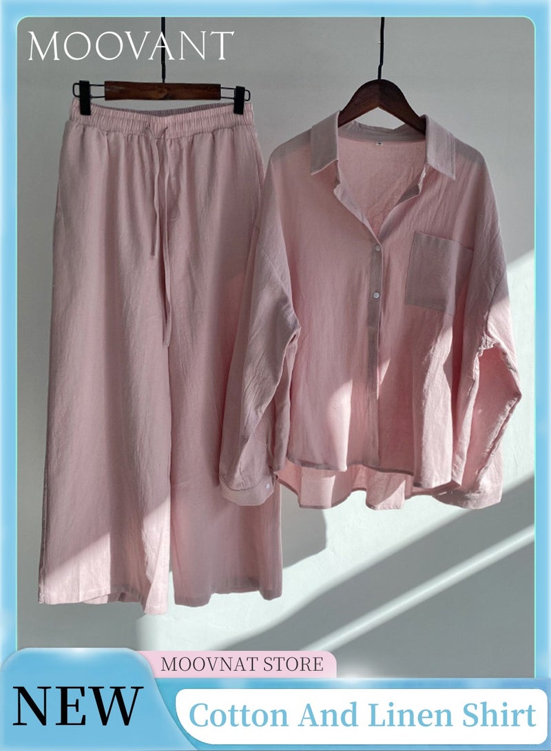 Moovant 2-Piece Women's Cotton and Linen Clothes Set, Long-sleeved Shirt + Loose Pants Set, Ladies Casual Shirt Suit, Soft Skin-friendly Long-Sleeve Lapel Shirt, Pink  - Image 1