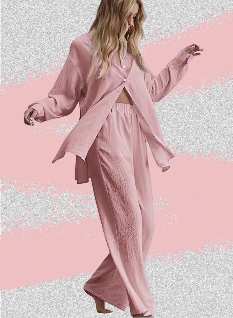 Moovant 2-Piece Women's Cotton and Linen Clothes Set, Long-sleeved Shirt + Loose Pants Set, Ladies Casual Shirt Suit, Soft Skin-friendly Long-Sleeve Lapel Shirt, Pink  - Image 2