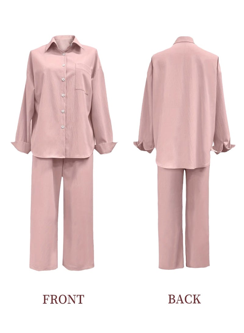 Moovant 2-Piece Women's Cotton and Linen Clothes Set, Long-sleeved Shirt + Loose Pants Set, Ladies Casual Shirt Suit, Soft Skin-friendly Long-Sleeve Lapel Shirt, Pink  - Image 3
