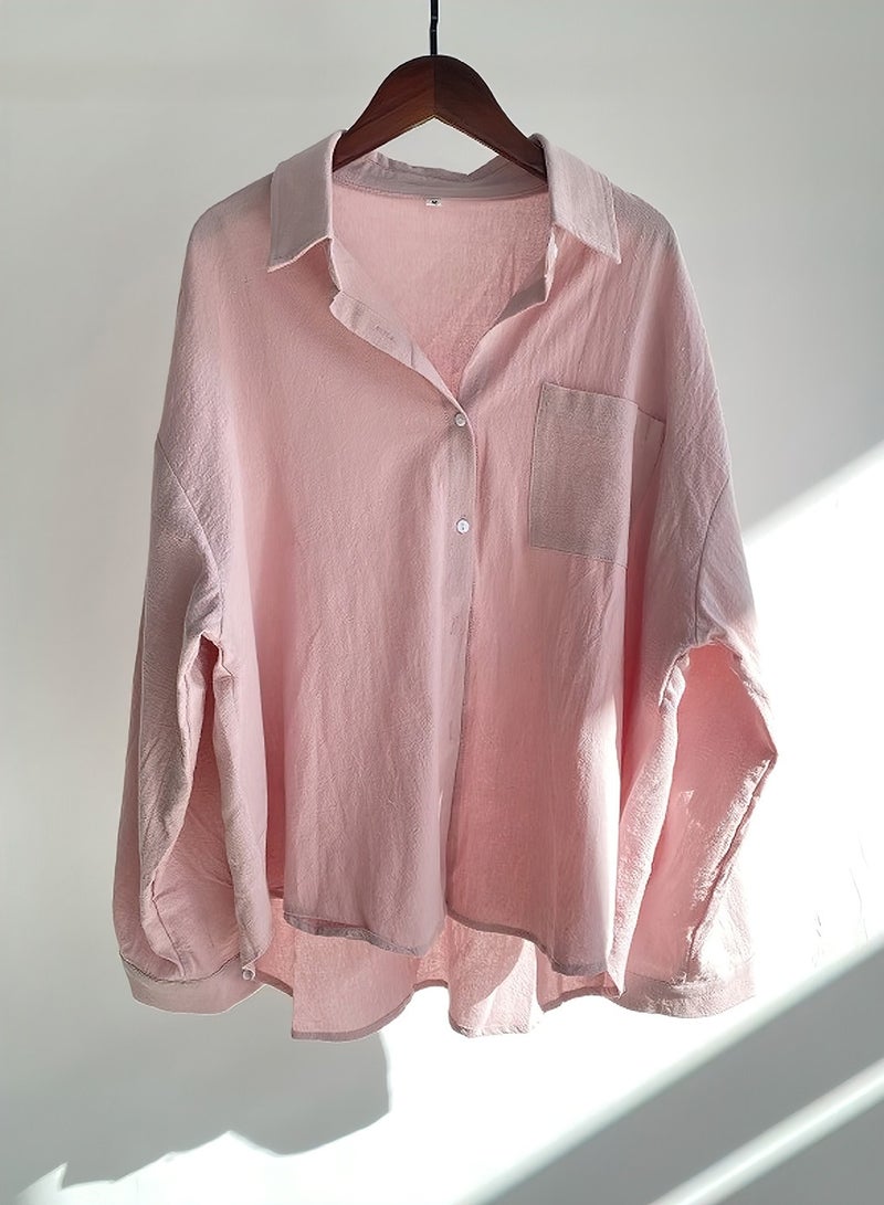 Moovant 2-Piece Women's Cotton and Linen Clothes Set, Long-sleeved Shirt + Loose Pants Set, Ladies Casual Shirt Suit, Soft Skin-friendly Long-Sleeve Lapel Shirt, Pink  - Image 5