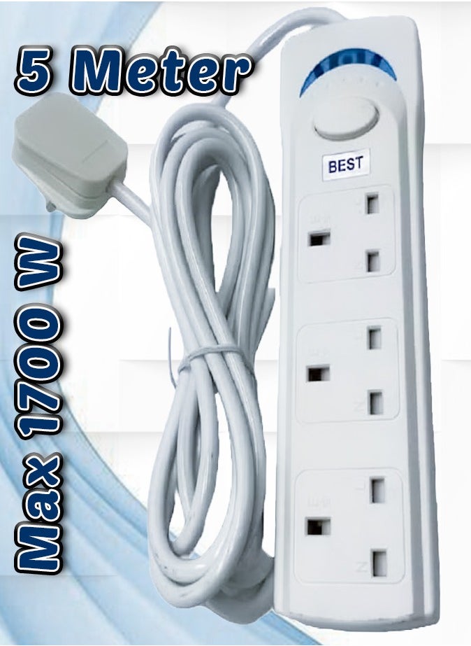 Best - 5 Meter Best Power Strips Extension Cord | 3 Sockets Universal Plug Adapter with 5 Meter Bold Extension Cable | Power Socket | Extension Board | Extension Cable | Extension Socket (White) - Image 1