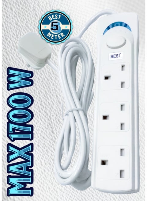 5 Meter Best Power Strips Extension Cord | 3 Sockets Universal Plug Adapter with 5 Meter Bold Extension Cable | Power Socket | Extension Board | Extension Cable | Extension Socket (White)
