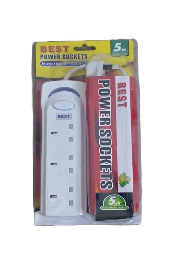 Best - 5 Meter Best Power Strips Extension Cord | 3 Sockets Universal Plug Adapter with 5 Meter Bold Extension Cable | Power Socket | Extension Board | Extension Cable | Extension Socket (White) - Image 1