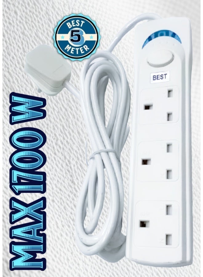 Best 5 Meter Best Power Strips Extension Cord | 3 Sockets Universal Plug Adapter with 5 Meter Bold Extension Cable | Power Socket | Extension Board | Extension Cable | Extension Socket (White) - Image 3