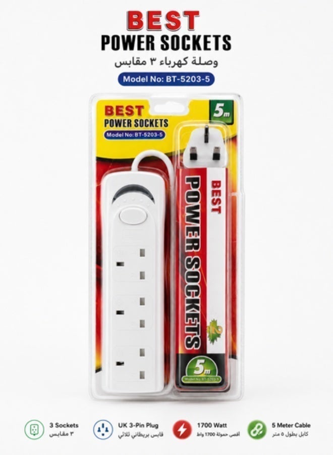 Best 5 Meter Best Power Strips Extension Cord | 3 Sockets Universal Plug Adapter with 5 Meter Bold Extension Cable | Power Socket | Extension Board | Extension Cable | Extension Socket (White) - Image 2
