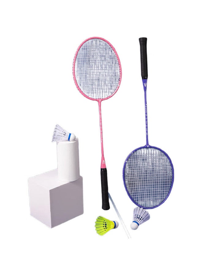 Deli Badminton Racket Set With Shuttlecocks, Classic Entry-Level Training Rackets, Double Rackets, Purple/Pink - Image 1