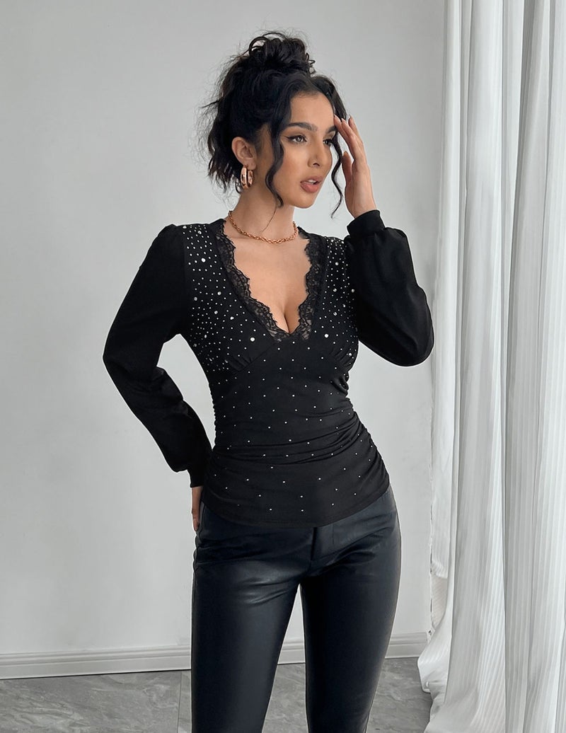 In-Stock Spring/Summer New Women's Solid Color V-Neck Lace Patchwork Rhinestone Side Ruched T-Shirt