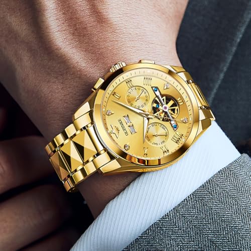 OUPINKE Men's Automatic Watch 44mm Big Dial,Luxury Mechanical Wristwatch,Sapphire Crystal Glass,50M Waterproof, Tungsten Steel with Date Display (Gold Dial,Gold Tungsten Steel Strap) - Image 2