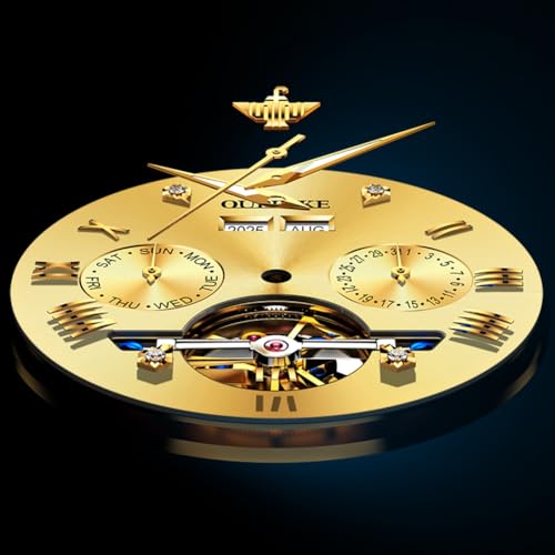 OUPINKE Men's Automatic Watch 44mm Big Dial,Luxury Mechanical Wristwatch,Sapphire Crystal Glass,50M Waterproof, Tungsten Steel with Date Display (Gold Dial,Gold Tungsten Steel Strap) - Image 5