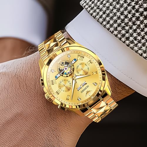 OUPINKE Men's Automatic Watch 44mm Big Dial,Luxury Mechanical Wristwatch,Sapphire Crystal Glass,50M Waterproof, Tungsten Steel with Date Display (Gold Dial,Gold Tungsten Steel Strap) - Image 3