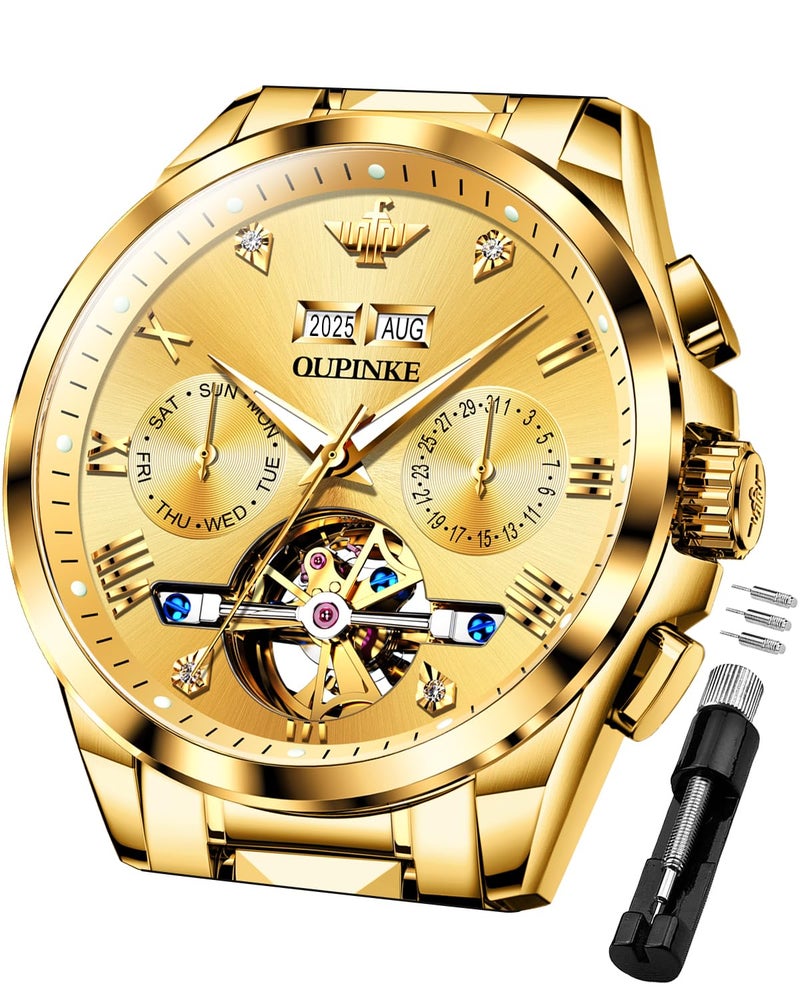 OUPINKE Men's Automatic Watch 44mm Big Dial,Luxury Mechanical Wristwatch,Sapphire Crystal Glass,50M Waterproof, Tungsten Steel with Date Display (Gold Dial,Gold Tungsten Steel Strap) - Image 1