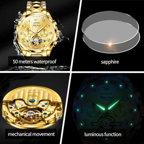 OUPINKE Men's Automatic Watch 44mm Big Dial,Luxury Mechanical Wristwatch,Sapphire Crystal Glass,50M Waterproof, Tungsten Steel with Date Display (Gold Dial,Gold Tungsten Steel Strap) - Image 4