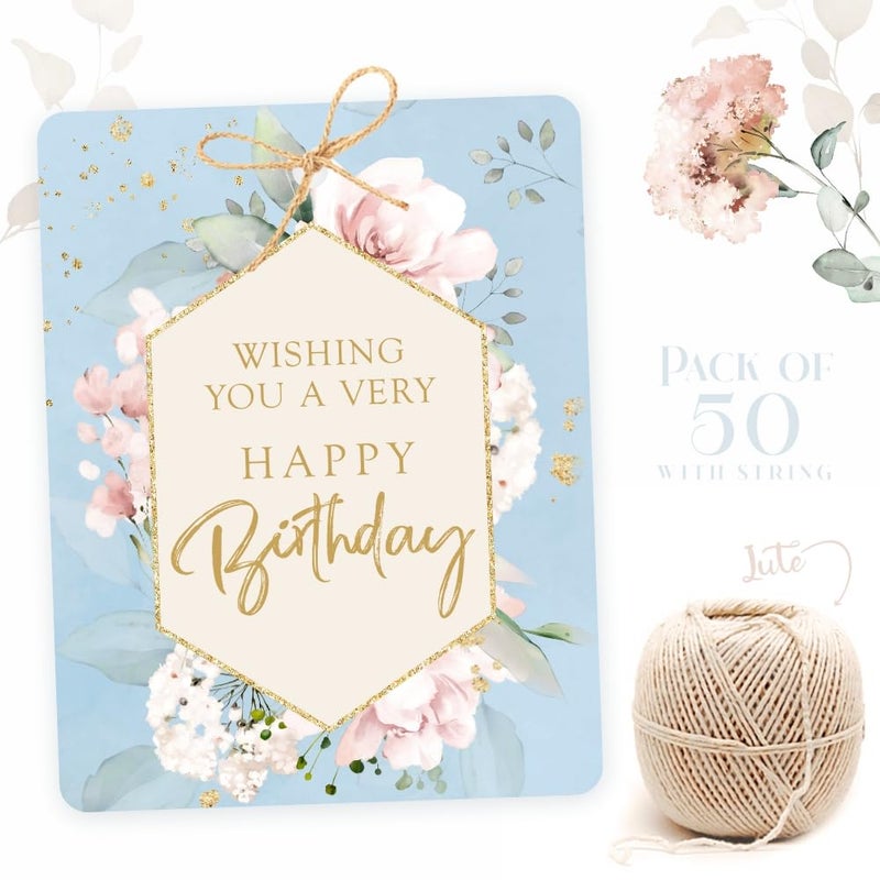 Chic a Choc Happy Birthday Gift Tags. 50 Tags in a Beautiful Watercolour Floral Design. with Jute String. Attach to Gifts, Cake Boxes. - Image 1