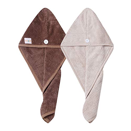 Mbestl M-bestl 2 Pack Hair Drying Towels,Hair Wrap Towels,Absorbent Microfiber Hair Towel Turban with Button Design to Dry Hair More Quicker（Khaki&Coffee） - Image 2