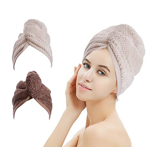 Mbestl M-bestl 2 Pack Hair Drying Towels,Hair Wrap Towels,Absorbent Microfiber Hair Towel Turban with Button Design to Dry Hair More Quicker（Khaki&Coffee） - Image 1
