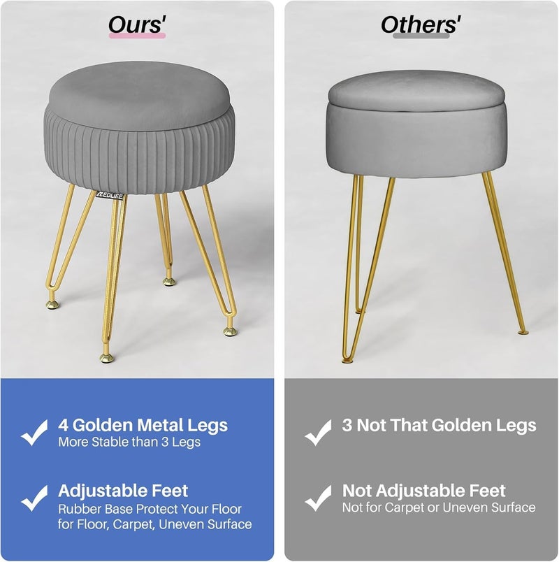 NIUB Vanity Chair, Vanity Stool with Storage, Round Storage Ottoman with Gold Metal Leg, Soft Ottoman Footstool, Multifunctional Makeup Chair for Makeup Room Bedroom (Grey) - Image 4