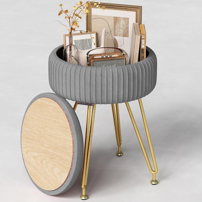 NIUB Vanity Chair, Vanity Stool with Storage, Round Storage Ottoman with Gold Metal Leg, Soft Ottoman Footstool, Multifunctional Makeup Chair for Makeup Room Bedroom (Grey) - Image 1