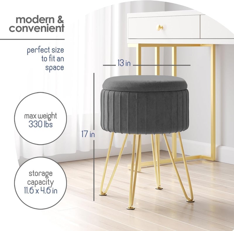 NIUB Vanity Chair, Vanity Stool with Storage, Round Storage Ottoman with Gold Metal Leg, Soft Ottoman Footstool, Multifunctional Makeup Chair for Makeup Room Bedroom (Grey) - Image 3