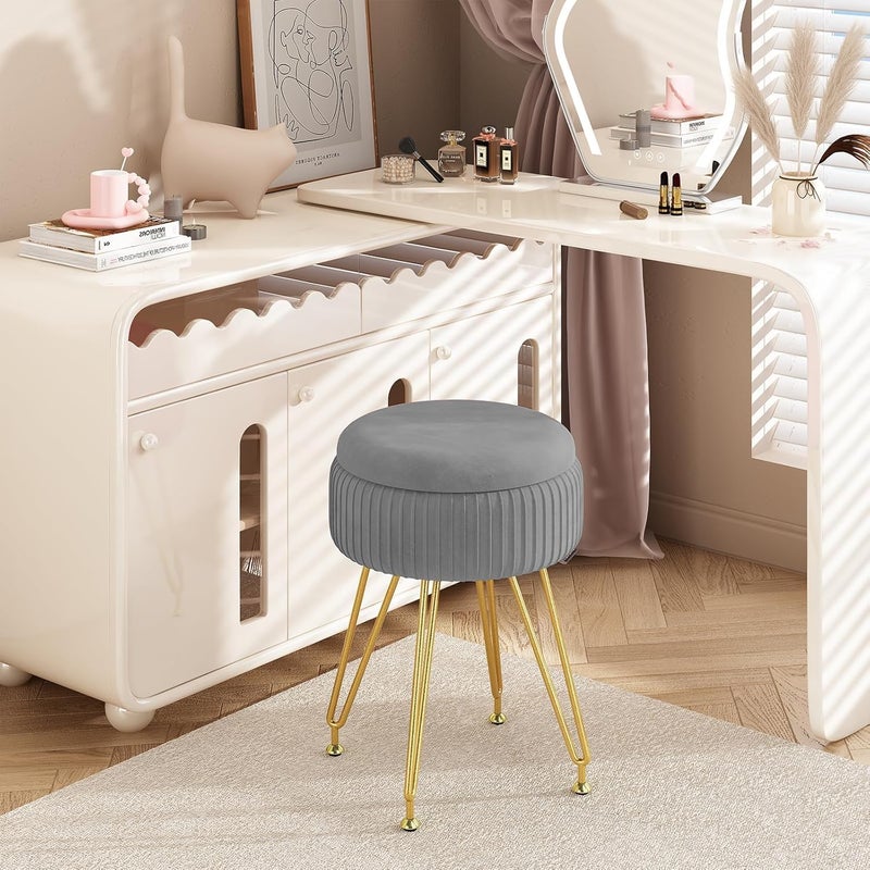 NIUB Vanity Chair, Vanity Stool with Storage, Round Storage Ottoman with Gold Metal Leg, Soft Ottoman Footstool, Multifunctional Makeup Chair for Makeup Room Bedroom (Grey) - Image 2
