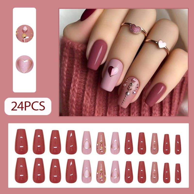 WAFOLOZE 24Pcs Valentines Press On Nails Medium Square - Heart Press On Nail, Valentines Fake Nail with Heart⋄ Glossy Design, Artificial Valentines Nails Stick On Nail for Womenï¼ˆSimplicity ï¼‰ - Image 2
