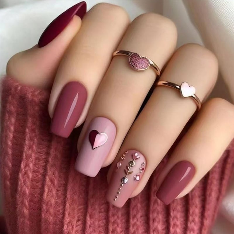 WAFOLOZE 24Pcs Valentines Press On Nails Medium Square - Heart Press On Nail, Valentines Fake Nail with Heart⋄ Glossy Design, Artificial Valentines Nails Stick On Nail for Womenï¼ˆSimplicity ï¼‰ - Image 1