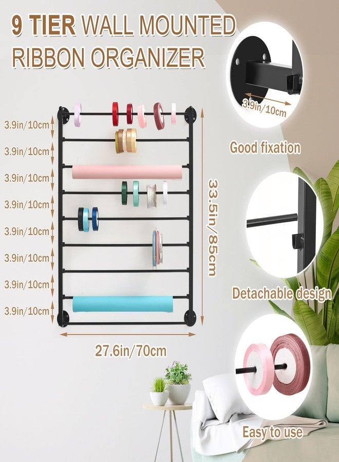 Menkxi 9 Tier Wall Mounted Ribbon Organizer Wrapping Paper Organizer Storage Ribbon Rack Holder for Sewing Craft Mesh Thread Tape Wreath Crochet Craft Room Flower Shop Mother's Day Gift - Image 2