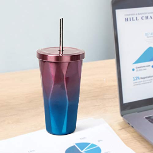 Incrizma Imported Stainless Steel Tumbler with Straw - Hot and Cold Double Wall Drinking Cups Coffee Cup/Mugs - Irregular Diamond with Lid (Purple and Blue, 480 ml) - Image 4