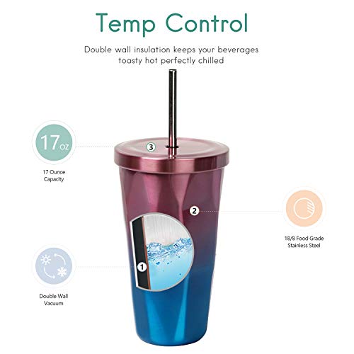 Incrizma Imported Stainless Steel Tumbler with Straw - Hot and Cold Double Wall Drinking Cups Coffee Cup/Mugs - Irregular Diamond with Lid (Purple and Blue, 480 ml) - Image 3