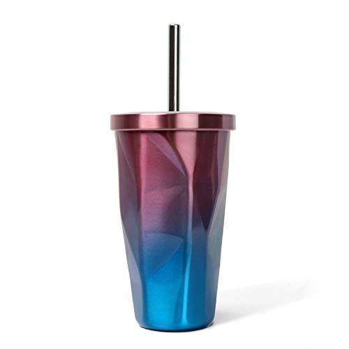 Incrizma Imported Stainless Steel Tumbler with Straw - Hot and Cold Double Wall Drinking Cups Coffee Cup/Mugs - Irregular Diamond with Lid (Purple and Blue, 480 ml) - Image 1