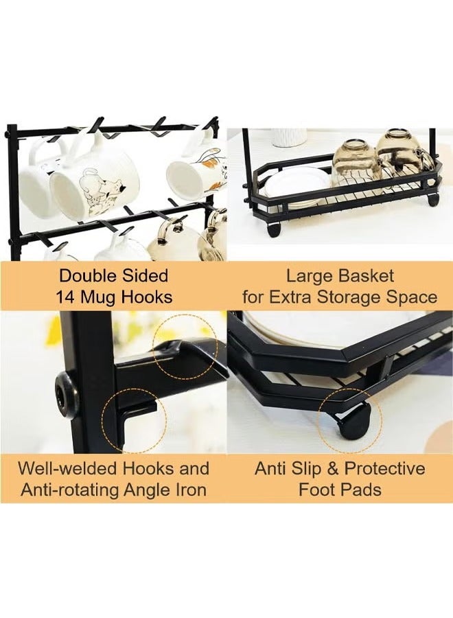 Arabest Coffee Mug Holder, 14 Capacity Coffee Cup Holder for Countertop, 2 Tier Mug Tree Rack With Storage Basket for Coffee Pod, K Cups, Sugar Bags, Black  - Image 3
