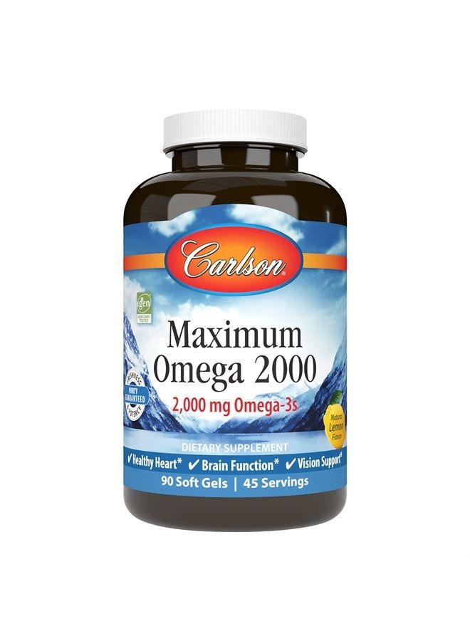 Maximum Omega 2000, 2000 mg Omega-3s, Healthy Heart, Brain Function & Vision Support, Lemon, 90 soft gels