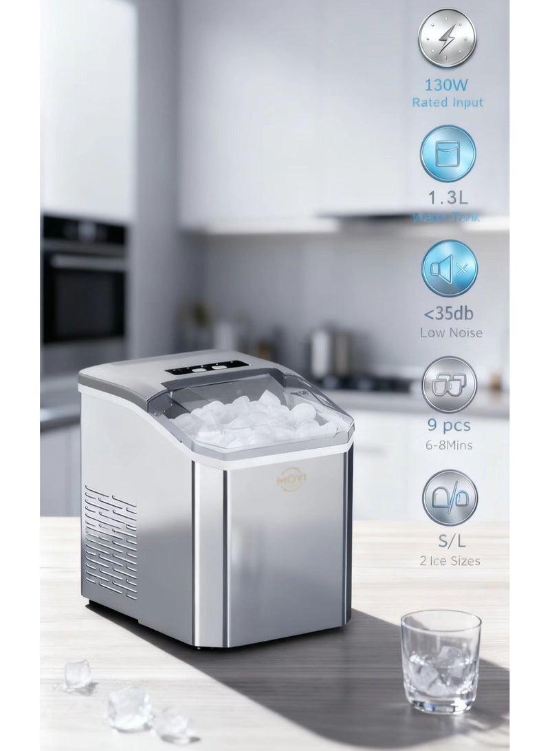 MOYI Automatic Ice Maker 12Kg in 24hrs | 6min 9pcs | 1.3L | Two Sizes Ice Cube | Auto Shut Off | Electric Ice Maker for Home/ Kitchen/ Office/ Bar/ Party 130W YH16M Silver - Image 2