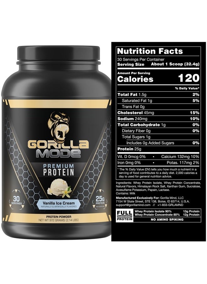Gorilla Mind - Gorilla Mode Premium Whey Protein - Vanilla Ice Cream / 25 Grams of Whey Protein Isolate & Concentrate/Recover and Build Muscle (30 Servings) - Image 1