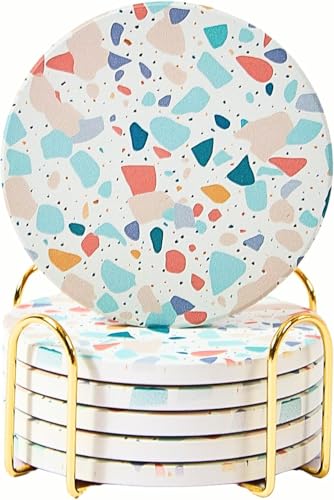 ilohaus Terrazzo Coasters Set of 6, Ceramic Absorbent Drink Coasters, Cute Moisture Absorbing Coaster, Coffee Table Desk Decor, Colorful Stone Coaster for Drinks (Pastel) - Image 1