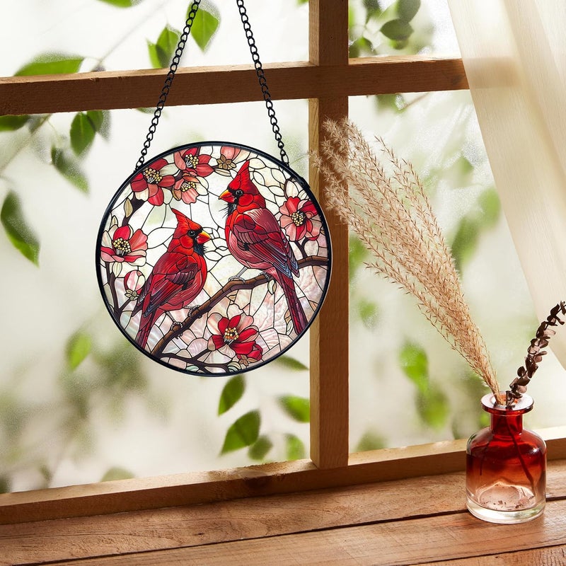 FUGWN Cardinal Bird Stained Glass Window Hanging, Red Cardinal Flower Sun Catchers Indoor Window Round Glass Wall Art Decor, Bird Suncatcher Wall Hanging Decorations, Gardening & Lawn Care - Image 2