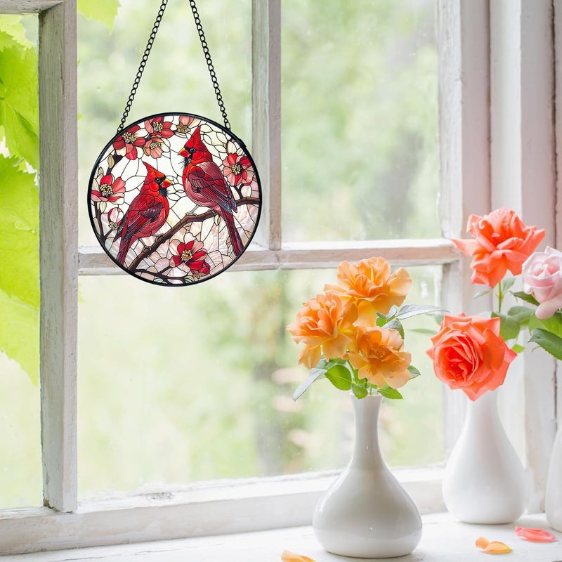 FUGWN Cardinal Bird Stained Glass Window Hanging, Red Cardinal Flower Sun Catchers Indoor Window Round Glass Wall Art Decor, Bird Suncatcher Wall Hanging Decorations, Gardening & Lawn Care - Image 4