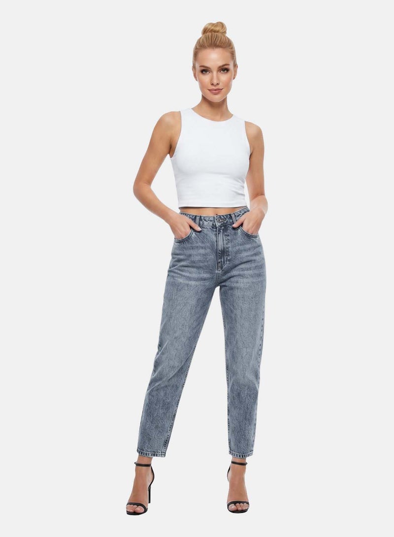 FOREVER 21 Tapered Cropped Denim Jeans with Acid Wash - Image 1