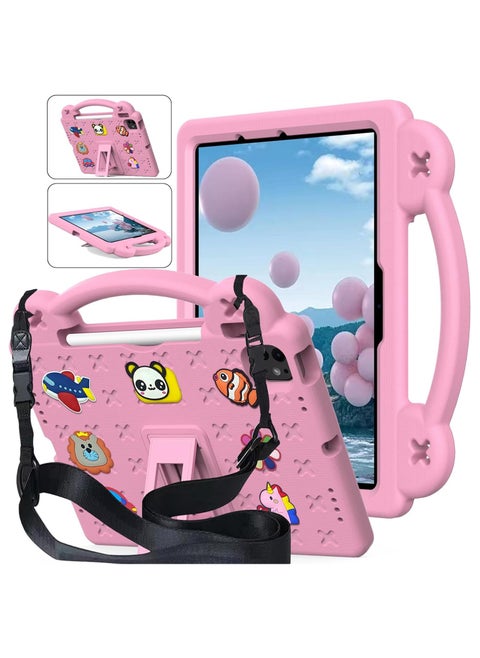 حافظة أطفال لجهاز iPad Pro 11 بوصة M4 (2024، الجيل الخامس)، حافظة iPad Pro 11 مع حامل قلم رصاص، تدعم قلم رصاص Pro وقلم رصاص (USB-C)، حامل مقبض وحزام كتف، وردي